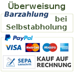Grafik mit Info zu Zahlung per Überweisung, zur Selbstabholung und Logos von Paypal und Kreditkartenanbbietern