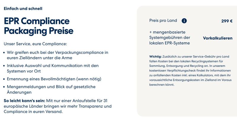 In dieser Grafik, ein Screenshot, wird ein Angebot beworben, bei dem pro Land 299 € Service-Grundgebühr in Rechnung gestellt werden. Dazu kämen dann noch mengenbasierte Systemgebühren.